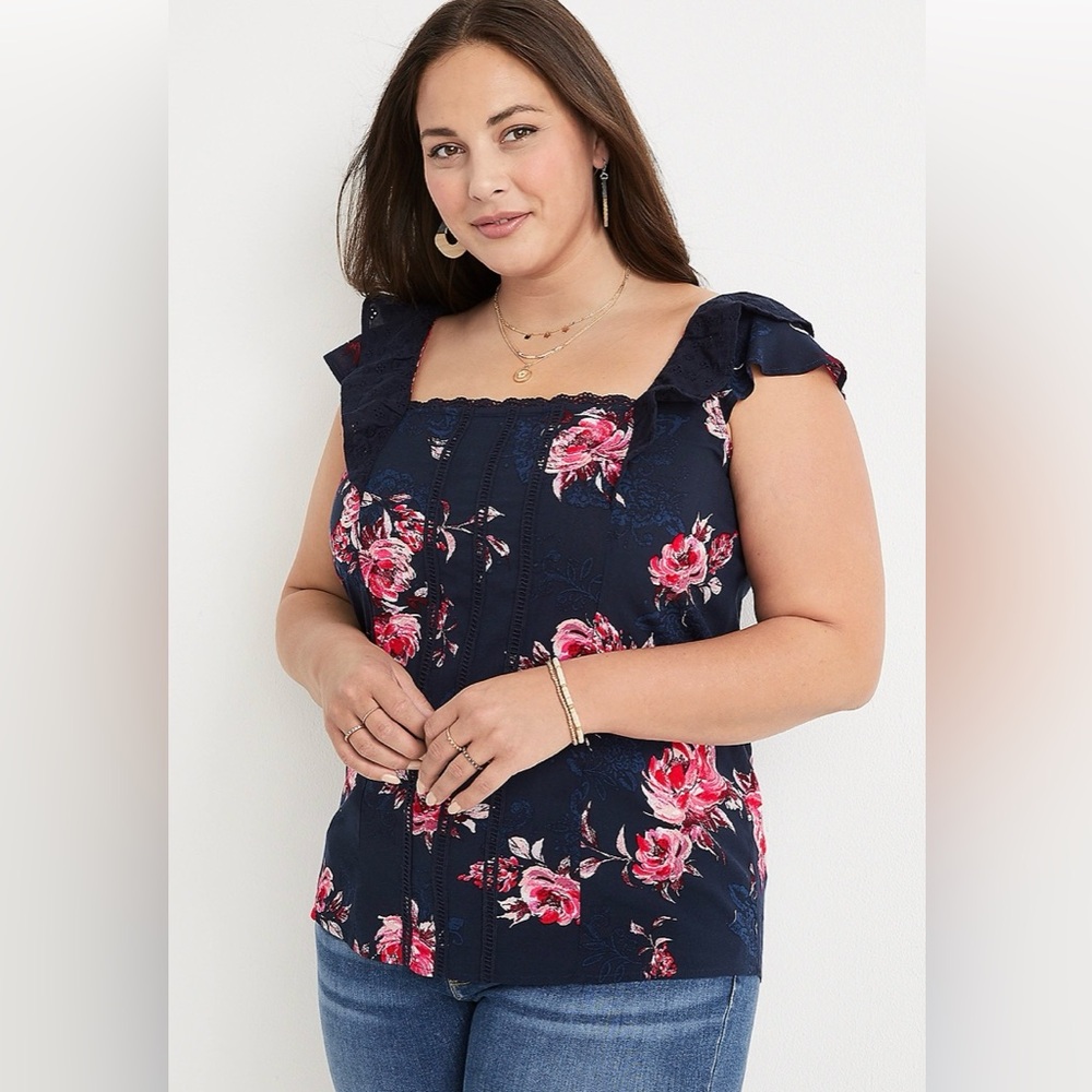 Maurices Navy Floral Eyelet Flutter Sleeve Top